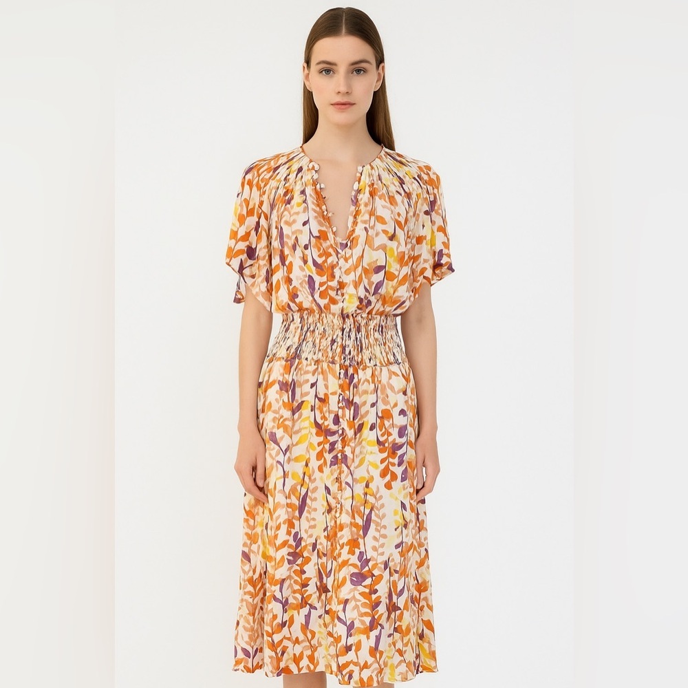 Poupette St Barth short sleeve floral multi button front midi dress NEW